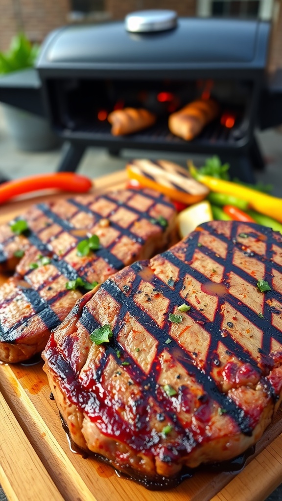 Grilled ribeye steaks garnished with herbs, served with grilled vegetables on a rustic cutting board.